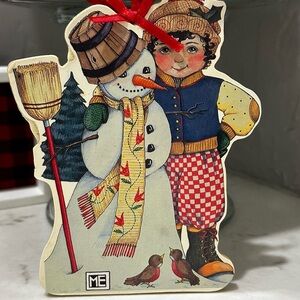 Vintage Mary Engelbreit Winter Pals Christmas Ornament Two Sided Wooden RARE
